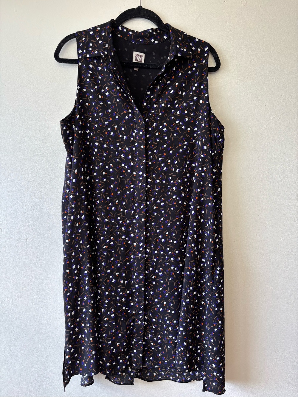 Anne Klein Sleeveless Shirt Dress Size 12 Black Print Knee Length
